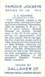 1936 Gallaher Famous Jockeys #4 Cliff Richards Back